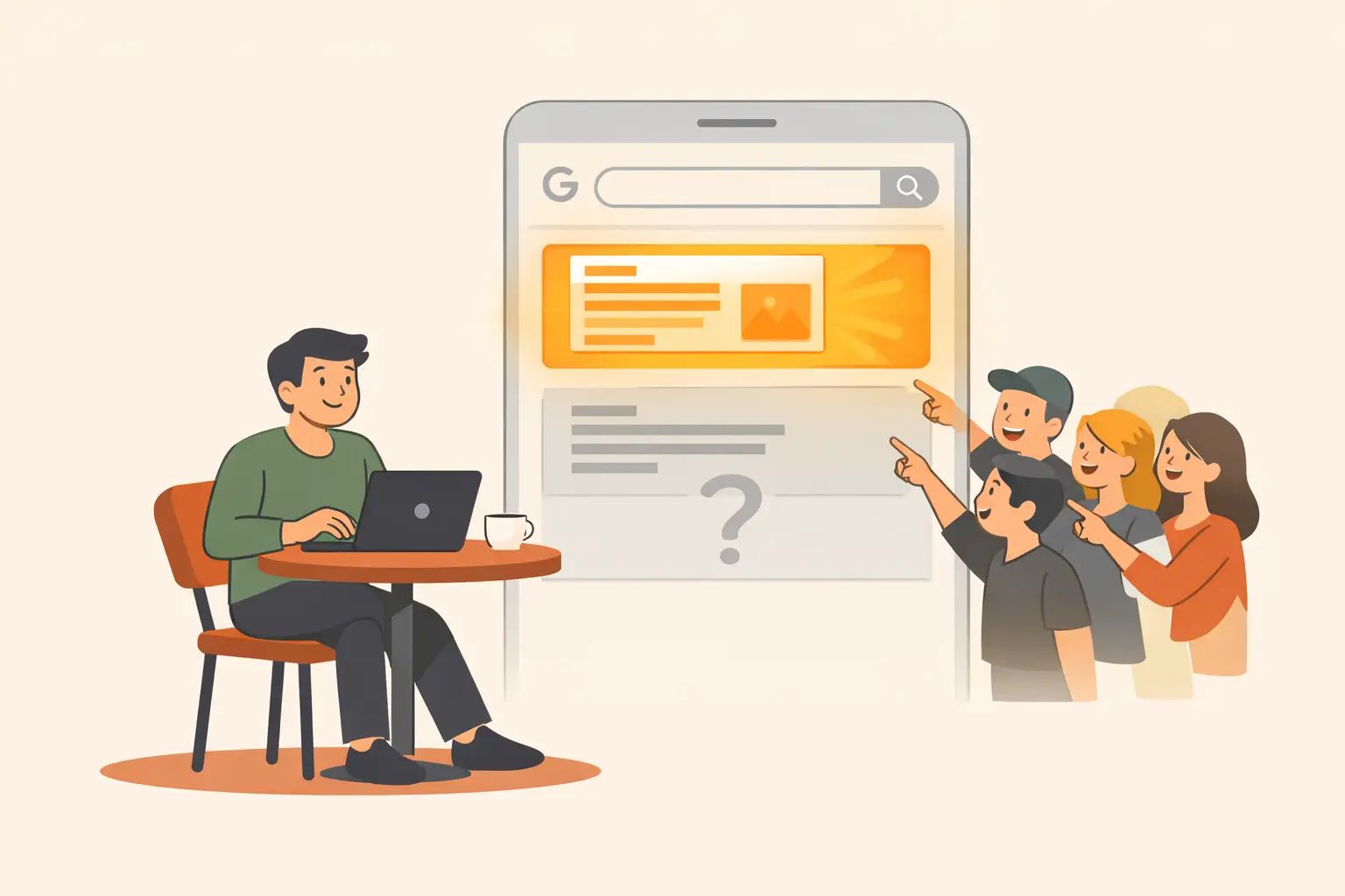 Cartoon-Illustration: Ein Freelancer arbeitet am Laptop im Café, während potenzielle Kunden auf ein Smartphone mit Google-Suchergebnissen zeigen