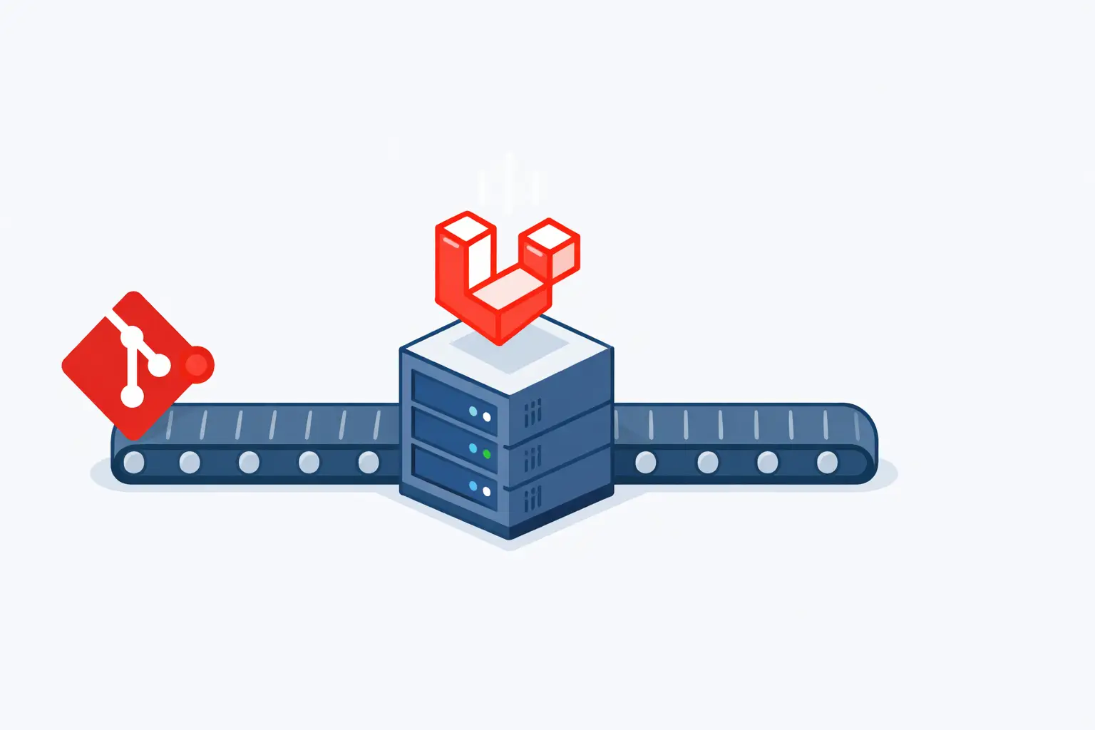 Isometrisches Server-Rack mit Förderband, Git-Logo und Laravel-Containern als Illustration einer Deploy-Pipeline