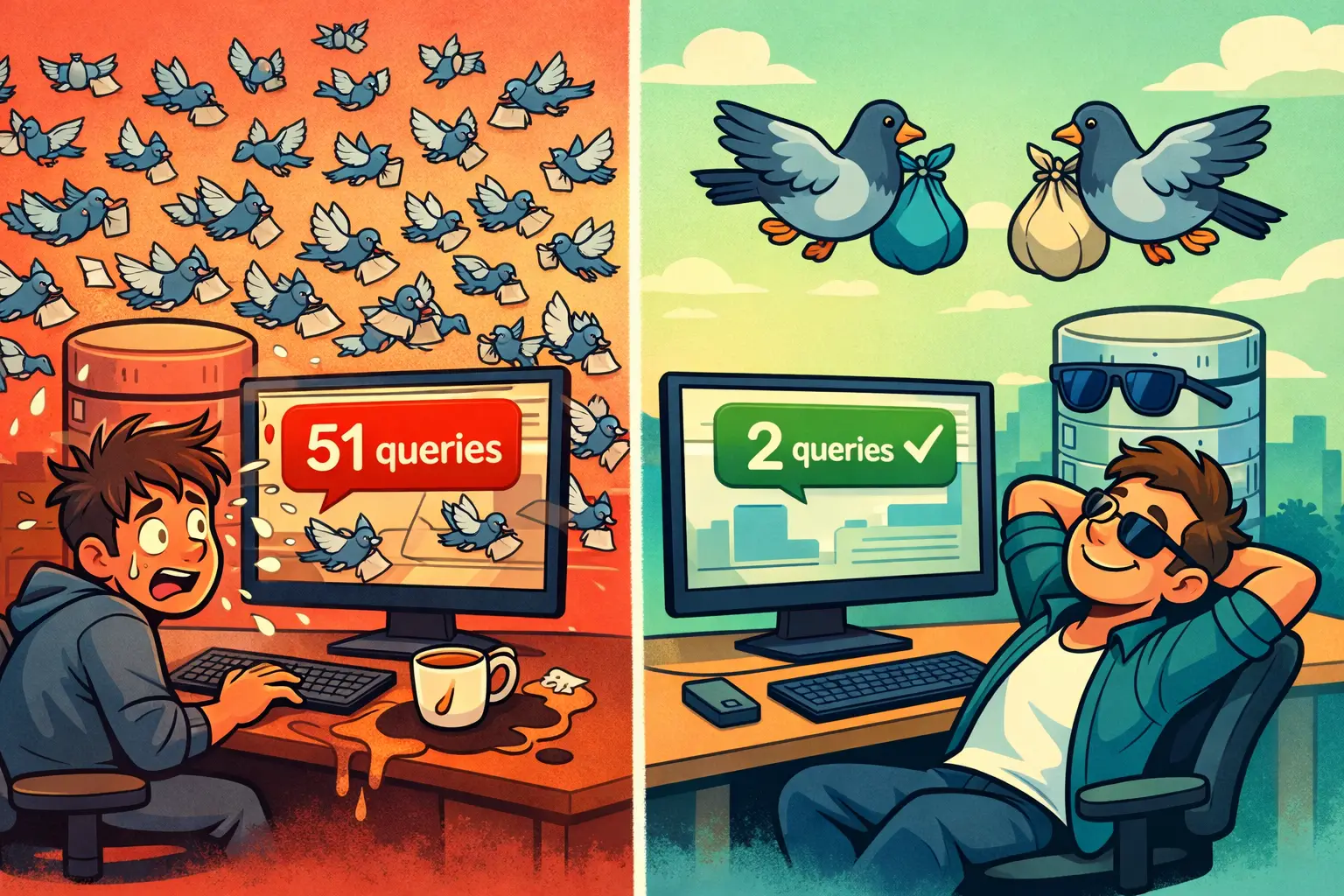 Geteilte Cartoon-Szene: N+1-Query-Chaos auf der einen Seite, ruhiges Eager Loading auf der anderen