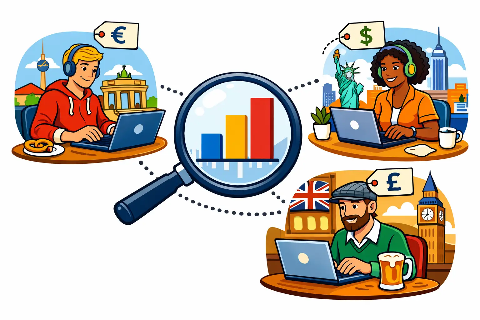Cartoon-Illustration von Freelancern in Berlin, New York und London mit Preisschildern in Euro, Dollar und Pfund um ein Stundensatz-Vergleichsdiagramm.